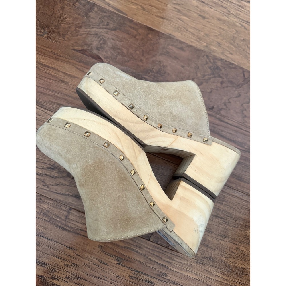 Steve Madden Tan Suede Studded Wooden Platform Clogs Mules Womens 9 Retro Boho - Picture 5 of 6